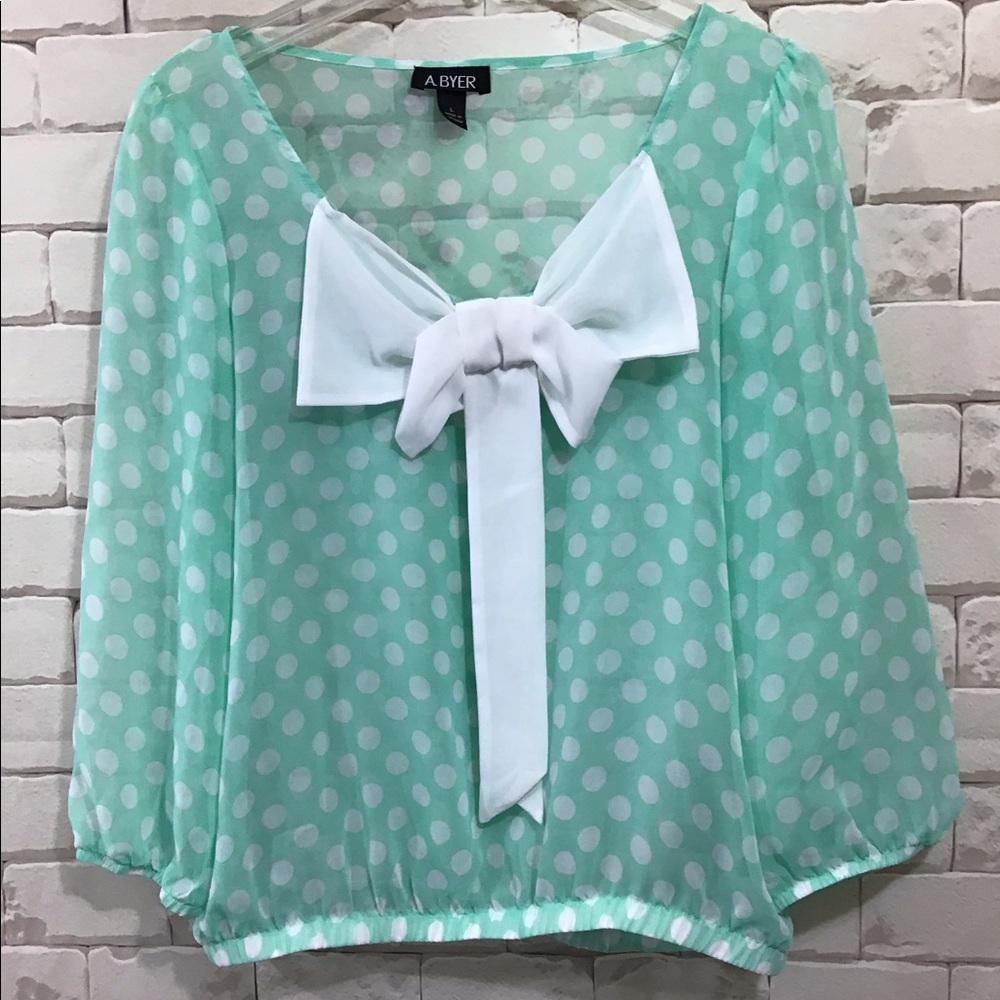 Polka Dot Bow A. Byer Semi Sheer Top Sz Large NEW